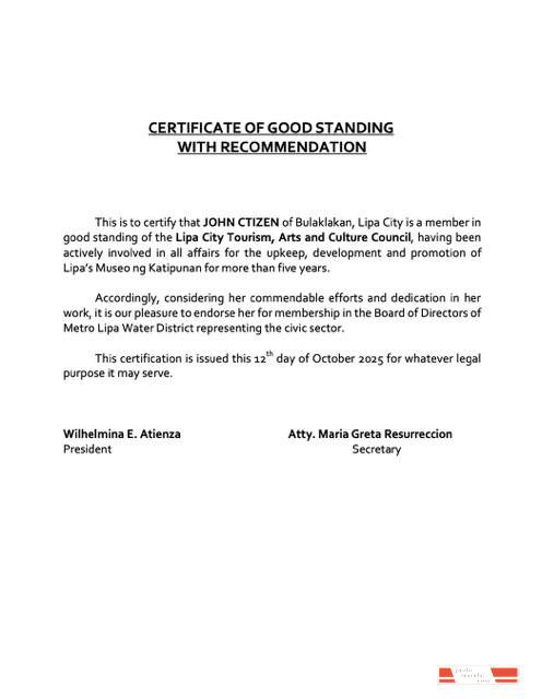 Philippines certificate of good standing Word and PDF template, version 9